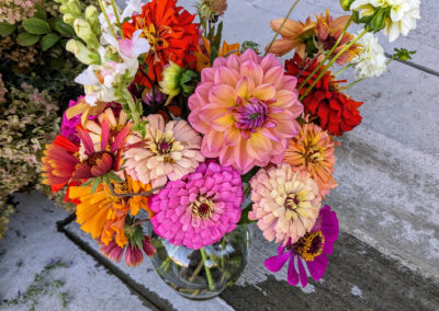 Boldly colored floral arrangement.