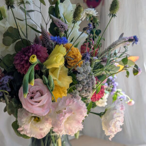 Colorful flowers in a vase.