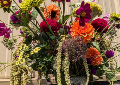 Bold flowers in an arrangement.